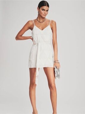Retrofête White Fringe Spaghetti-Strap Mini Dress